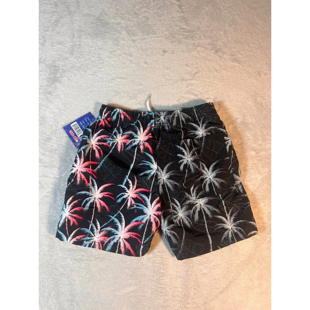 Uzzi Boys Large Tropical Palm Tree Swim Trunks Black‎ Neon Pink Blue K029 NWT